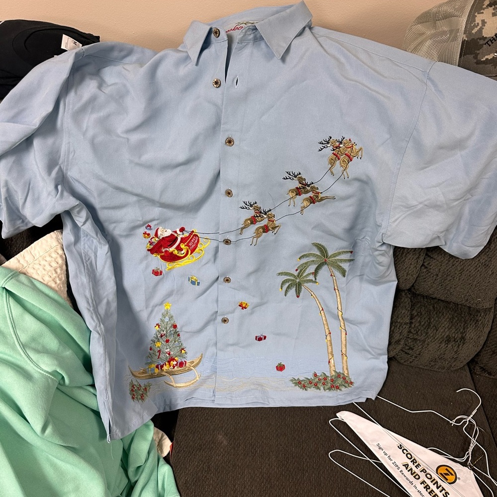 Men's Light Blue Christmas Embroidered Shirt